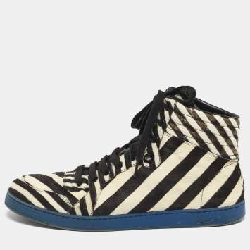 Pre Owned Gucci Size 44 Brown/White Calf Hair Zebra Print High Top Sneakers