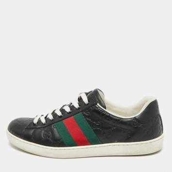 Pre Owned Gucci Ace Web Size 41 Black Guccissima Leather Low Top Sneakers