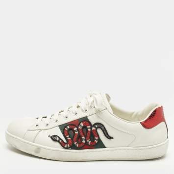 Pre Owned Gucci Ace Size 42.5 White Leather Web Snake Embroidered Lace Up Sneakers