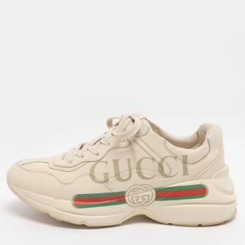 Pre Owned Gucci Rhyton Size 41 Beige Leather Gucci Logo Print Low Top Sneakers