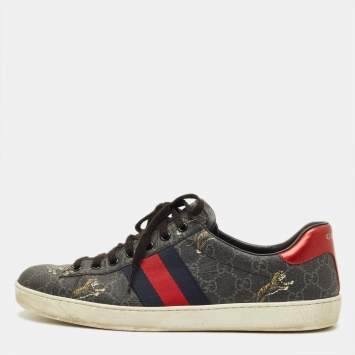 Pre Owned Gucci Ace Size 43 Black Tiger Print GG Supreme Canvas Low Top Sneakers