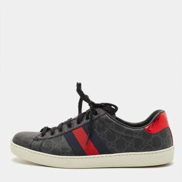 Pre Owned Gucci Ace Size 42 Grey GG Canvas and Python Embossed Supreme Web Lace Up Sneakers