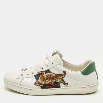 Pre Owned Gucci Ace Size 43 White Leather Web Tiger Embroidered Lace Up Sneakers