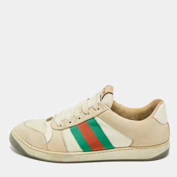 Pre Owned Gucci Screener Size 45 Beige Canvas and Nubuck Leather Web Low Top Sneakers
