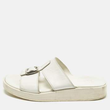 Pre Owned Gucci Size 43 White Leather Double Strap Flat Sandals