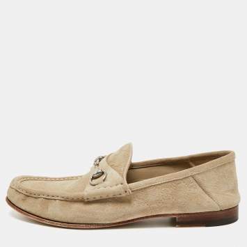 Pre Owned Gucci Horsebit Size 46 Beige Suede Slip On Loafers