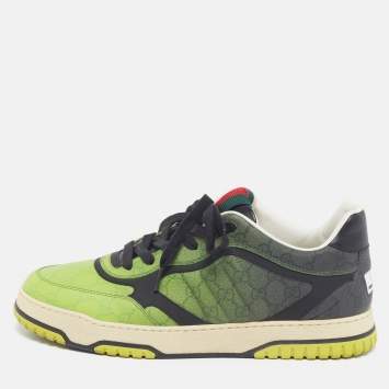 Pre Owned Gucci Re-Web Size 45 Black/Neon Green Coated GG Canvas and Leather Low Top Sneakers