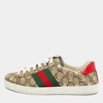 Pre Owned Gucci Ace Size 42.5 Beige Coated Canvas And Python Embossed Leather Sneakers