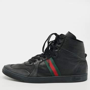 Pre Owned Gucci Size 46 Black Leather Web Detail High Top Sneakers