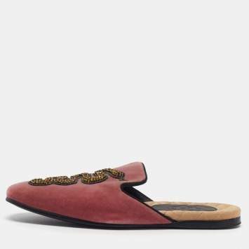 مملوكة مسبقًا Gucci Lawrence Size 40 Pink Velvet Snake Crystal Embellished Flat Mules
