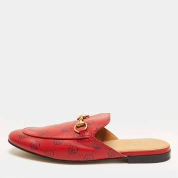 Pre Owned Gucci Princetown Size 40 Red GG Ghost Print Leather Horsebit Flat Mules
