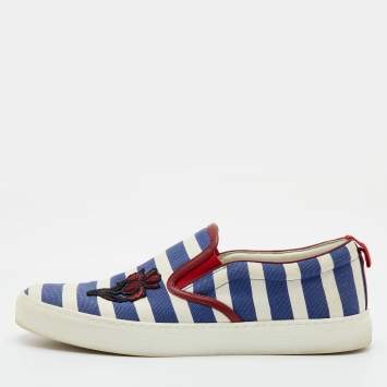 مملوكة مسبقًا Gucci Bee Size 43 White/Blue Stripe Print Canvas Slip On Sneakers