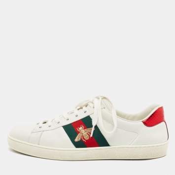 Pre Owned Gucci Ace Size 42 White Leather and Python Embossed Leather Web Bee Lace Up Sneakers