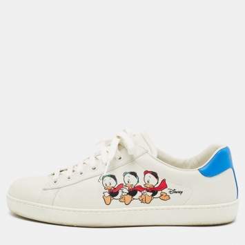 Pre Owned Gucci Disney X Ace Huey, Dewey and Louie Size 42.5 White/Blue Leather Low Top Sneakers
