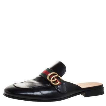 Pre Owned Gucci Black Double G Leather Princetown Flat Mules Size 42.5