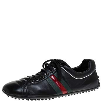 Pre Owned Gucci Black Leather Perforated Detail Web Low Top Sneakers Size 44.5