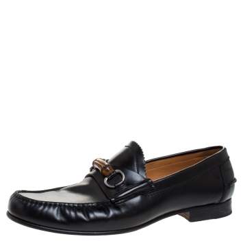 Pre Owned Gucci Black Leather Bamboo Horsebit Loafer Size 45
