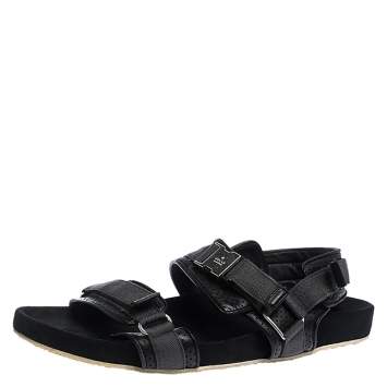 Pre Owned Gucci Black Leather And Canvas Velcro Slingback Sandals Size 45.5
