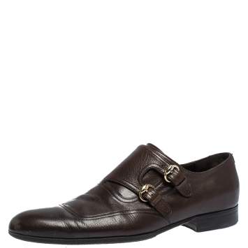 Gucci Brown Leather Double Buckle Monk Strap Oxfords Size 40