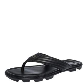 Pre Owned Gucci Black Leather GG Logo Thong Flat Sandals Size 42.5