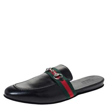 Pre Owned Gucci Black Leather Horsebit Web Flat Slide Size 42