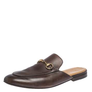 Pre Owned Gucci Dark Brown Leather Princetown Horsebit Mules Size 42