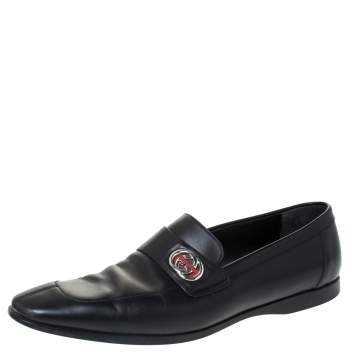 Pre Owned Gucci Black Leather GG Slip On Loafers Size 43