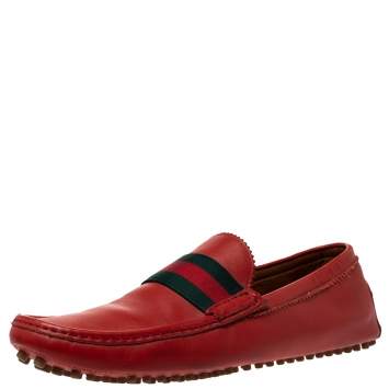 Pre Owned Gucci Brick Red Leather Web Detail Loafers Size 45