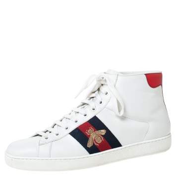Pre Owned Gucci White Leather Ace Web Bee High Top Sneakers Size 40