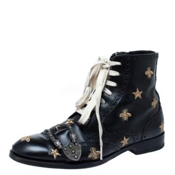 Pre Owned Gucci Black Leather Dionysus Bee Buckle Ankle Boots Size 41.5