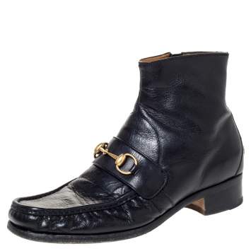 Pre Owned Gucci Black Leather Bee Embroidered Horse-bit Vegas Ankle Boots Size 42