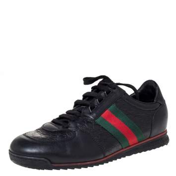 Pre Owned Gucci Black Microguccissima Leather Web Low Top Sneakers Size 40.5