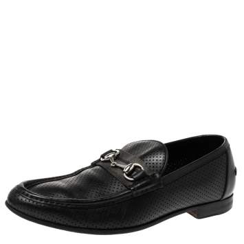 Gucci Black Perforated Leather Horsebit Slip On Loafers Size 45