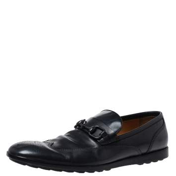 Pre Owned Gucci Dark Blue Leather Horsebit Wingtip Slip On Loafers Size 43