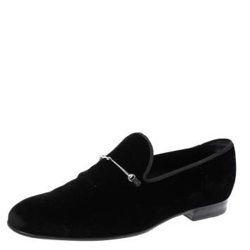 Pre Owned Gucci Black Velvet Horsebit Slip On Loafers Size 46
