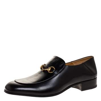Pre Owned Gucci Black Leather Jordaan Horsebit Slip On Loafers Size 44.5