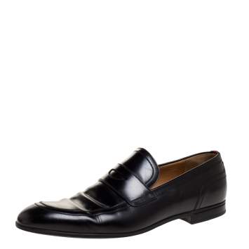 Pre Owned Gucci Black Leather Web Penny Loafers Size 44