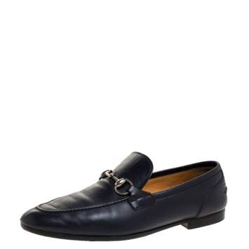 Pre Owned Gucci Dark Navy Leather Horsebit Slip On Loafers Size 39.5