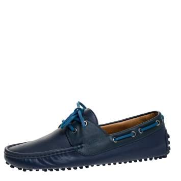 Pre Owned Gucci Blue Leather Boat Bow Slip On Loafers Size 42