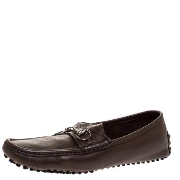 Pre Owned Gucci Brown Leather Horsebit Slip On Loafers Size 43