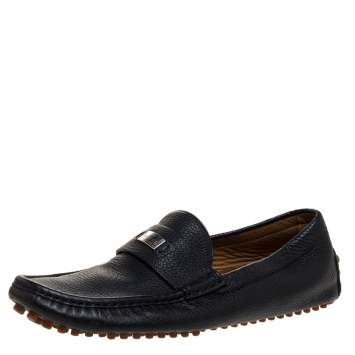 Pre Owned Gucci Black Textured Leather Slip On Loafers Size 41.5