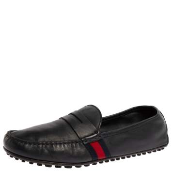 Pre Owned Gucci Dark Blue Leather Web Penny Loafers Size 43