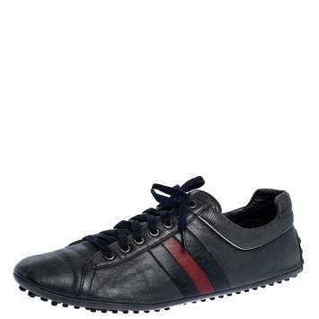 Pre Owned Gucci Black Leather Perforated Detail Web Low Top Sneakers Size 44