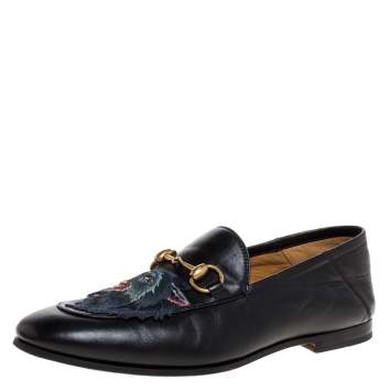 Pre Owned Gucci Black Leather Brixton Wolf Applique Horsebit Loafers Size 40