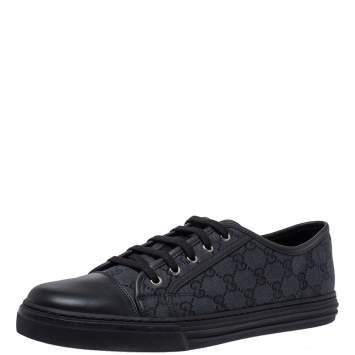Pre Owned Gucci Black/Navy Blue Leather And GG Canvas 'California' Low Top Sneakers Size 44.5