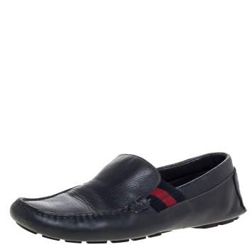 Pre Owned Gucci Blue Leather Web Detail Loafers Size 41.5