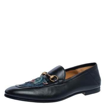 Pre Owned Gucci Black Leather Brixton Wolf Applique Horsebit Loafers Size 45