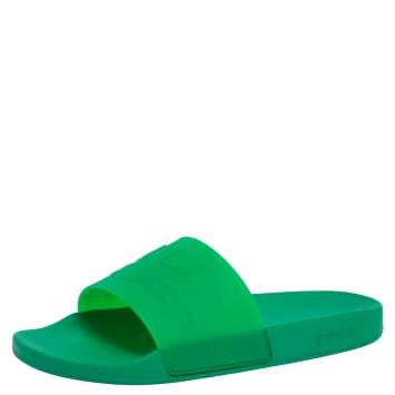 Pre Owned Gucci Green Rubber Logo Slide Sandals Size 45