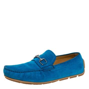 Pre Owned Gucci Blue Suede Leather Horsebit Slip On Loafers Size 43.5