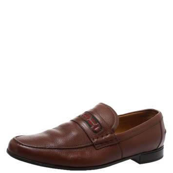 Pre Owned Gucci Brown Leather Web With Interlocking GG Horsebit Detail Loafers Size 45